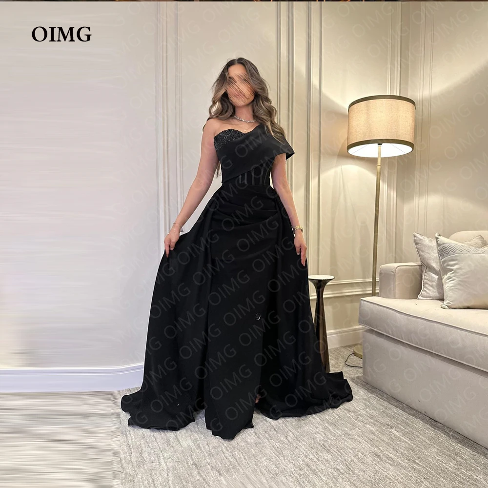 

OIMG Black Shiny Beads Celebrity Evening Dresses Sweetheat Stretch Satin One Shoulder Women Party Prom Gowns Vestido de noche