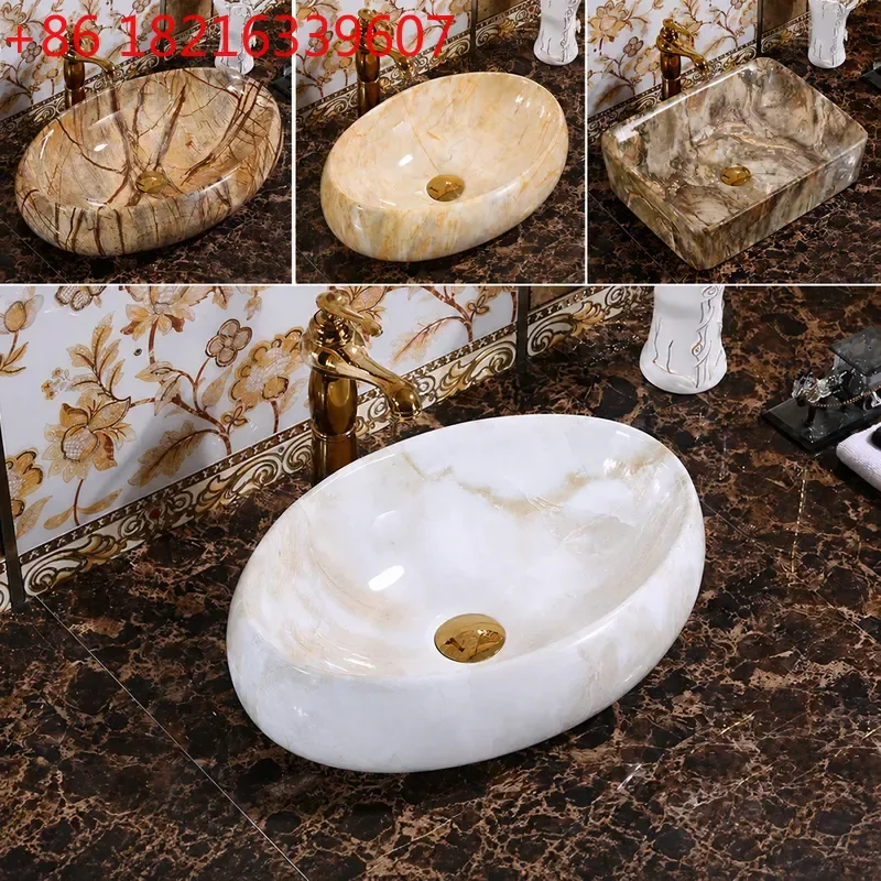 YAOOval Ceramic Countertop Basin Art Marble Pattern Washbasin Colorful Water Transfer Print Sink for Hotel Bathroom Vanity