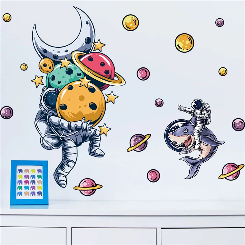 Cartoon Astronaut Exploring Universe Wall Sticker For Home Decor Creative Mural Art Diy Kids Bedroom Decal Space Poster