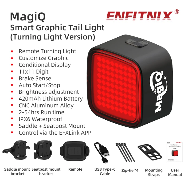 Enfitnix MagiQ Smart Graphic Taillight for Bike Expression Custom Design Conditional Display Bluetooth Bicycle TailLight