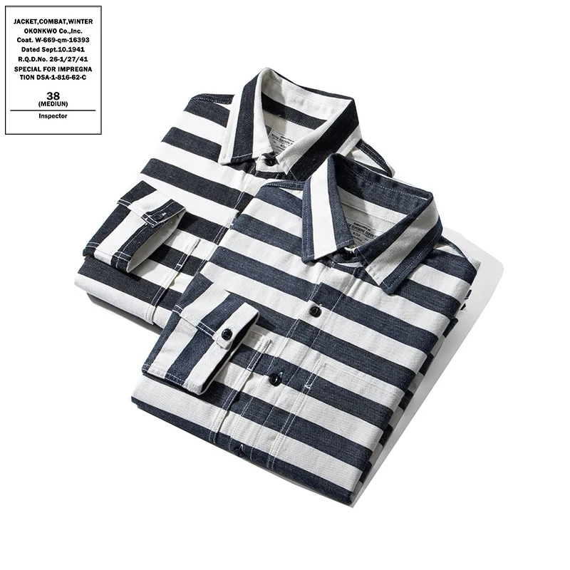 

American Retro Striped Long Sve Motorcycle irt Bla White Cotton Slim Fit Men's Faion Spring Autumn Seasonal Wear