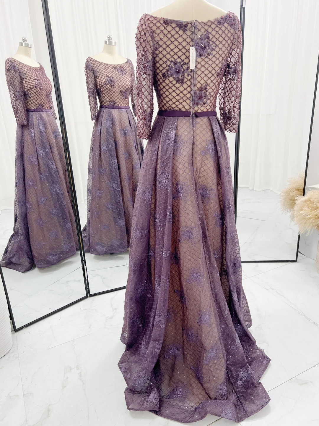 Purple -Red Waist Fashion Elegant Net Yarn Printed Long -Sleeved Evening Dress M1225