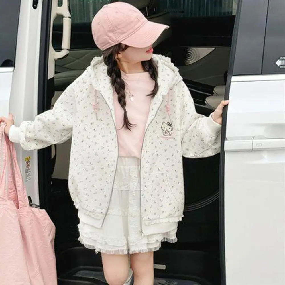 

Sanrio Hello Kitty Kawaii Girls Cartoon Casual Jacket Autumn Children's Fashionable Hooded Sweatshirt Versatile Cardigan Top