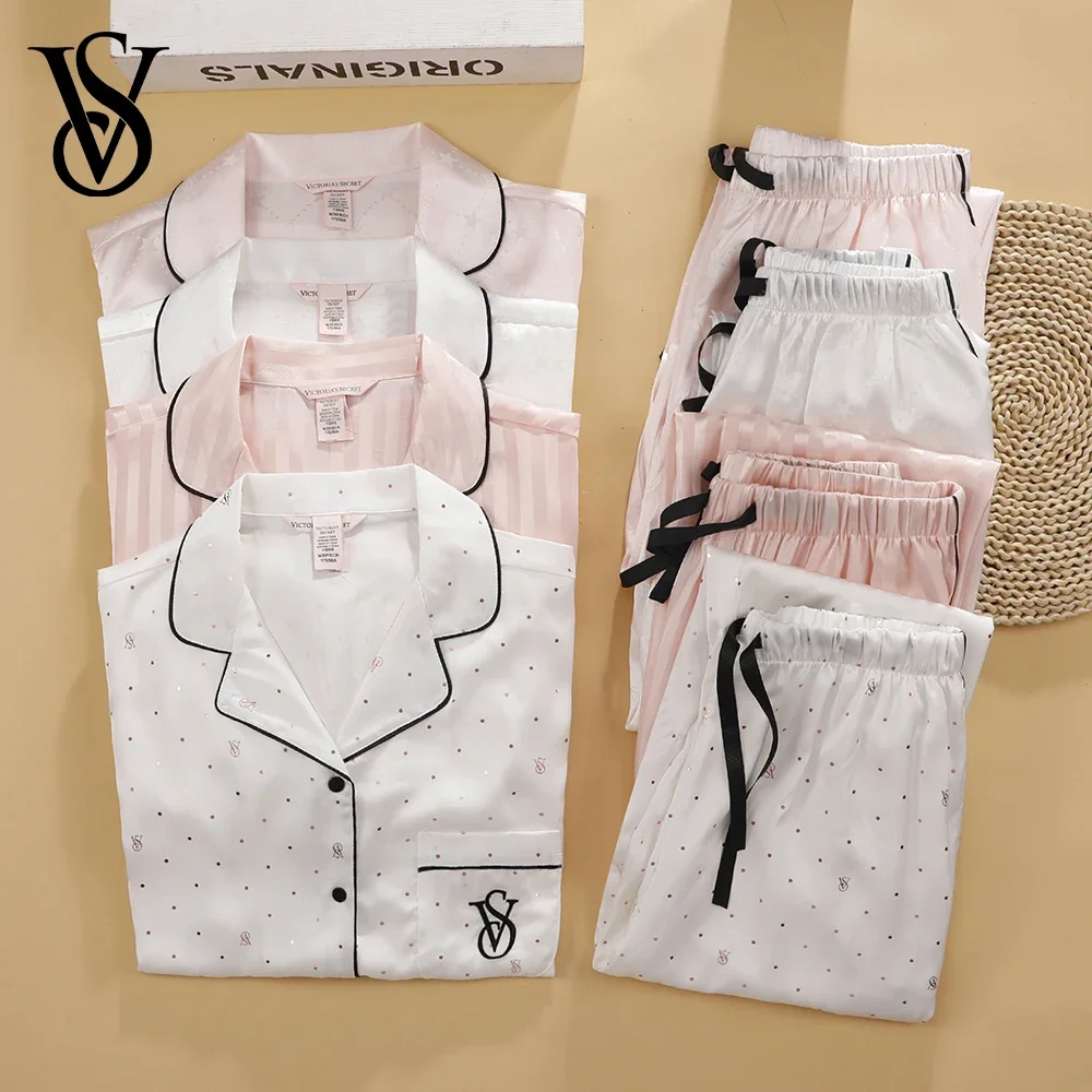 conjunto-de-pijama-de-seda-y-saten-para-mujer-de-victoria's-secret-manga-corta-pantalones-cortos-ropa-de-dormir-ropa-de-estar-en-casa-suave-transpirable-con-botones