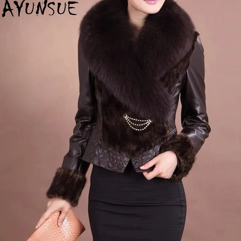 

AYUNSUE Real Sheepskin Leather Coat Women's Short Slim Mink Fur Coat Light Down Cotton Coat Fox Fur Collar Women Leather Jackets