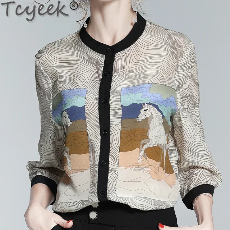 Tcyeek 100% echte moerbeizijde overhemd Elegante shirts voor dames Mode zomershirt 2024 High-end damestops Mustache =)