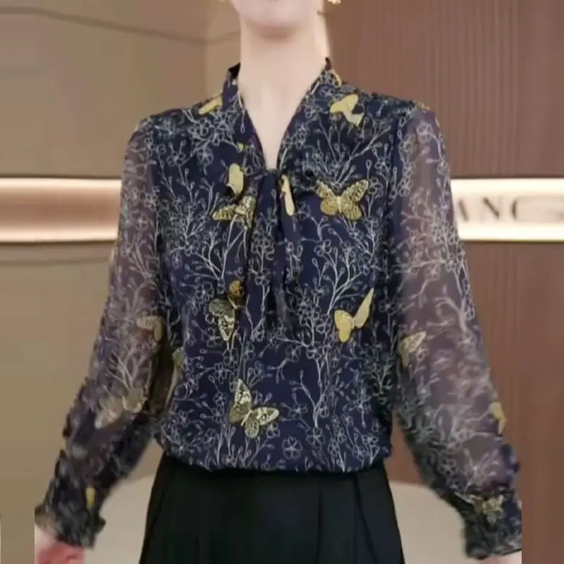 Ribbon Slimming Shirt Women's New Style Elegant Versatile Top