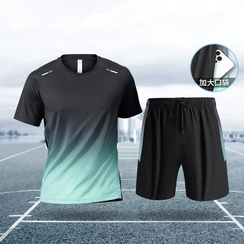 Sportanzug für Herren – mit Seide gefütterte, kurzärmelige Sommer-Shorts zum Laufen, schnell trocknendes Shirt, T-Shirt, Basketball-Outfit, Fitnesskleidung