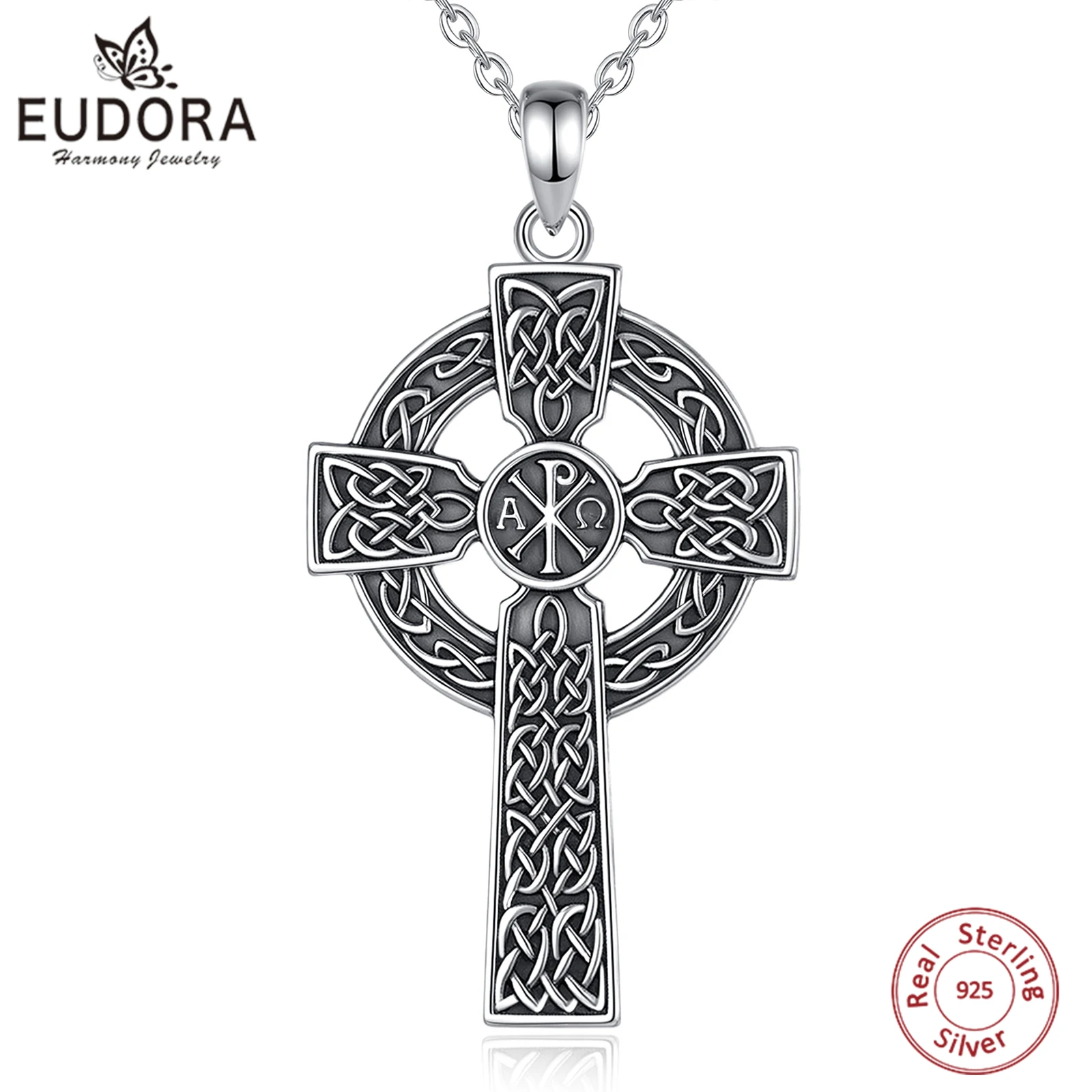 

Eudora 925 Sterling Silver Celtic Knot Cross Necklace Vintage Chi Rho Pendant Christian Religious Jewelry Gift for Women Men