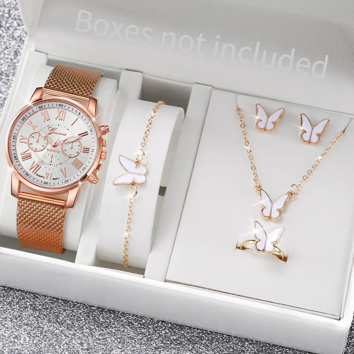 5PCS/Set Geneva Women Watches Fashion Plastic Band Ladies Quartz Watch Butterfly Jewelry Set（Without Box）