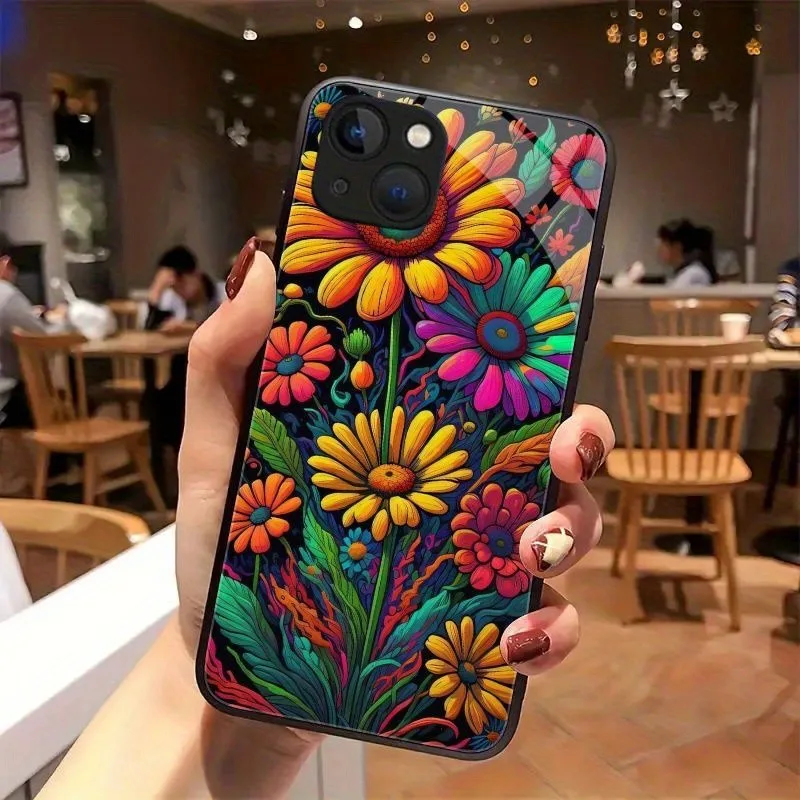 Colorful Flowers Pattern Tempered Glass Phone Case For Samsung Galaxy S23 S24 S25 S26 Ultra Plus FE Shockproof Cover