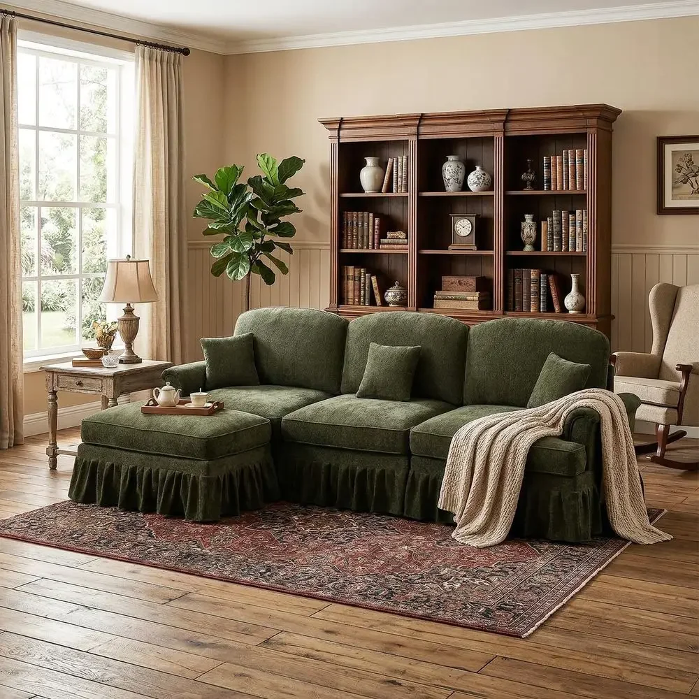 

Green Chenille Sofa with Removable Skirt, Plush Sectional for Living and Bedroom