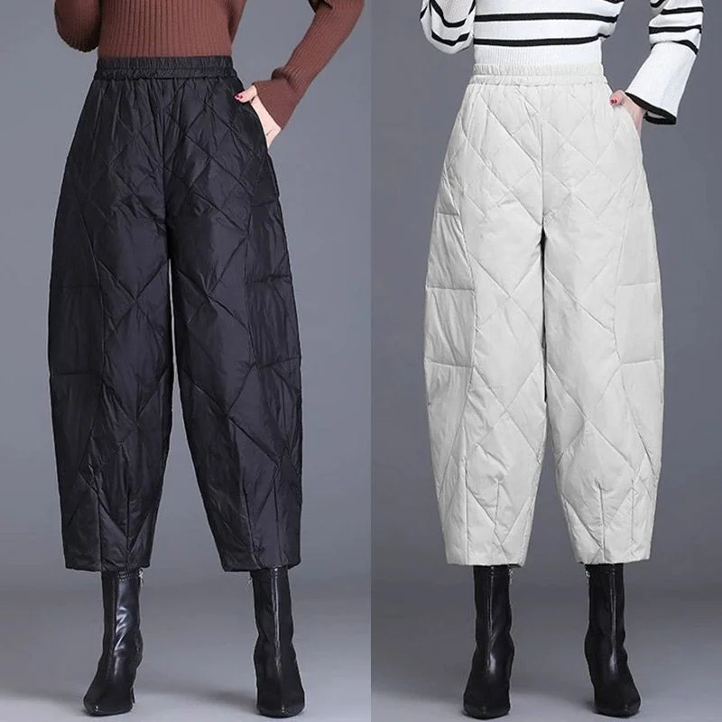 

Новинка 2025, женские свободные хлопковые брюки, легкие восьминадцати длины, теплые брюки с высокой талией, прямые брюки из полиэфирного волокна