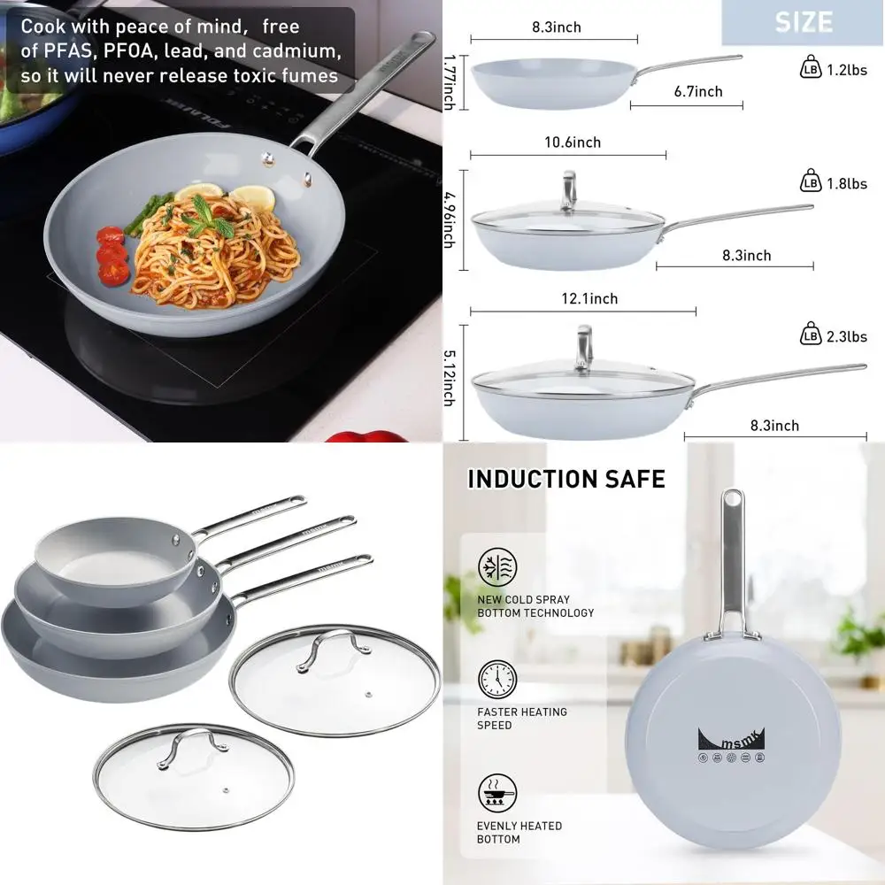 

3-Piece Ceramic Nonstick Pan Set: 8, 10, 12 Frying Pans with Glass Lids and Cool Handles, Oven-Safe to 700°F, Suitable for All C