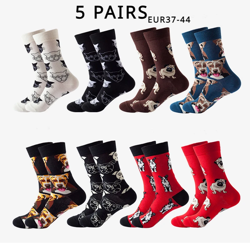 5 Pairs Women Men Funny Socks Cute Cartoon Cat Dog Crew Socks Basketball Football Cycling Socks Sports Athletic Cotton