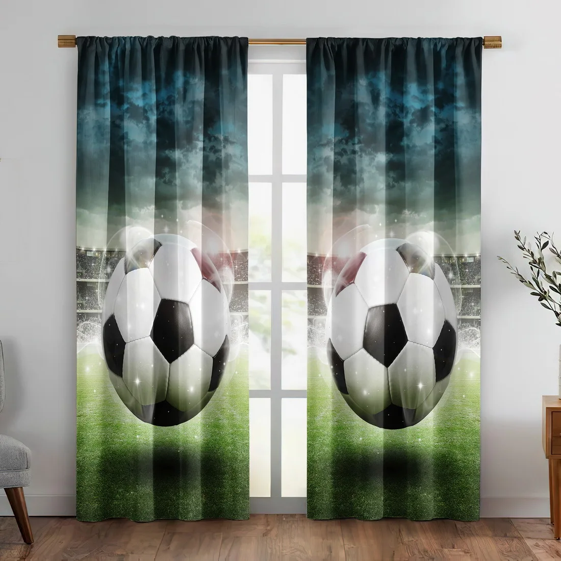 Soccer Football Curtains Drapes Sports Theme Window Treatment Athletic Man Cave Style Curtains Pair Bedroom Living