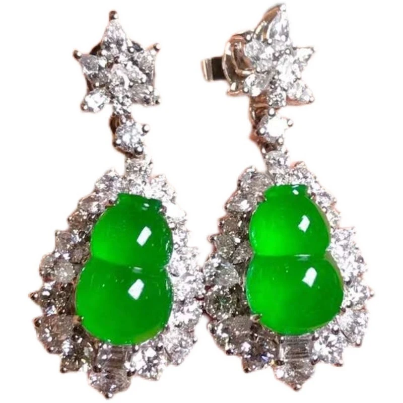 Old Mine Burmese Natural Grade A High Ice Green Jadeite Gourd Earrings for Women with 18k Gold Inlay
