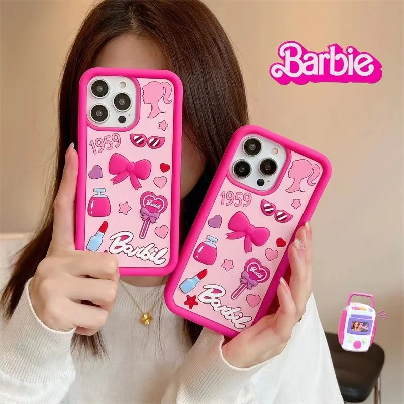 Luxury Kawaii Cartoon Barbie Case for iPhone 11 12 13 14 15 Pro Max Cute Pink Soft Silicone Shockproof Cover Coque Fundas Gift