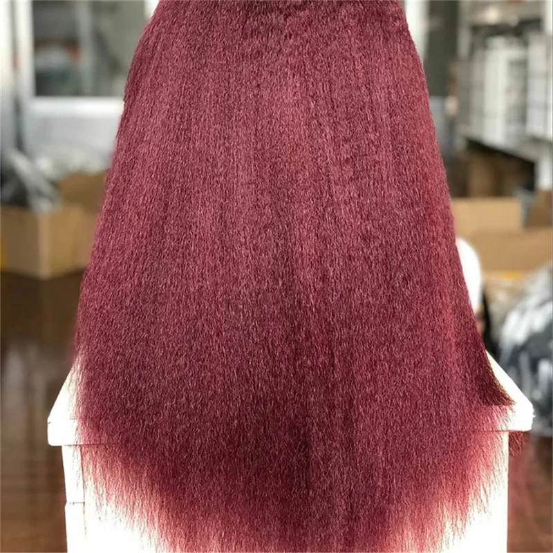 Rambut palsu Yaki Kinky renda lurus 30 inci panjang merah marun tanpa lem untuk rambut sintetis anggur sehari-hari WANITA HITAM