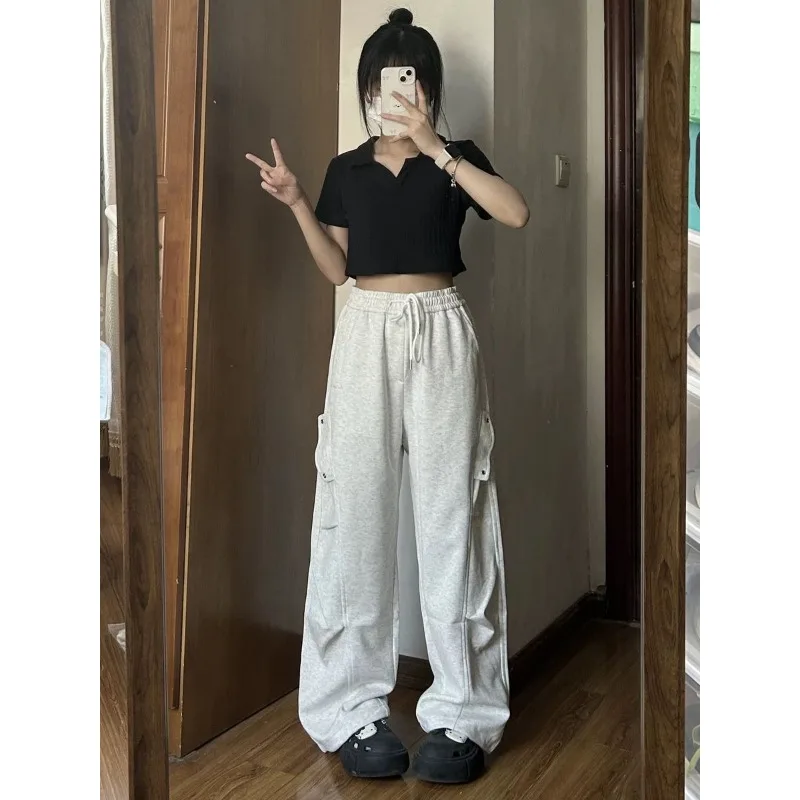 Deeptown Vintage Grey Sweatpants Woman Casual Sports America Retro Baggy Pants Korean Fashion Basic Autumn Wide Leg Trousers