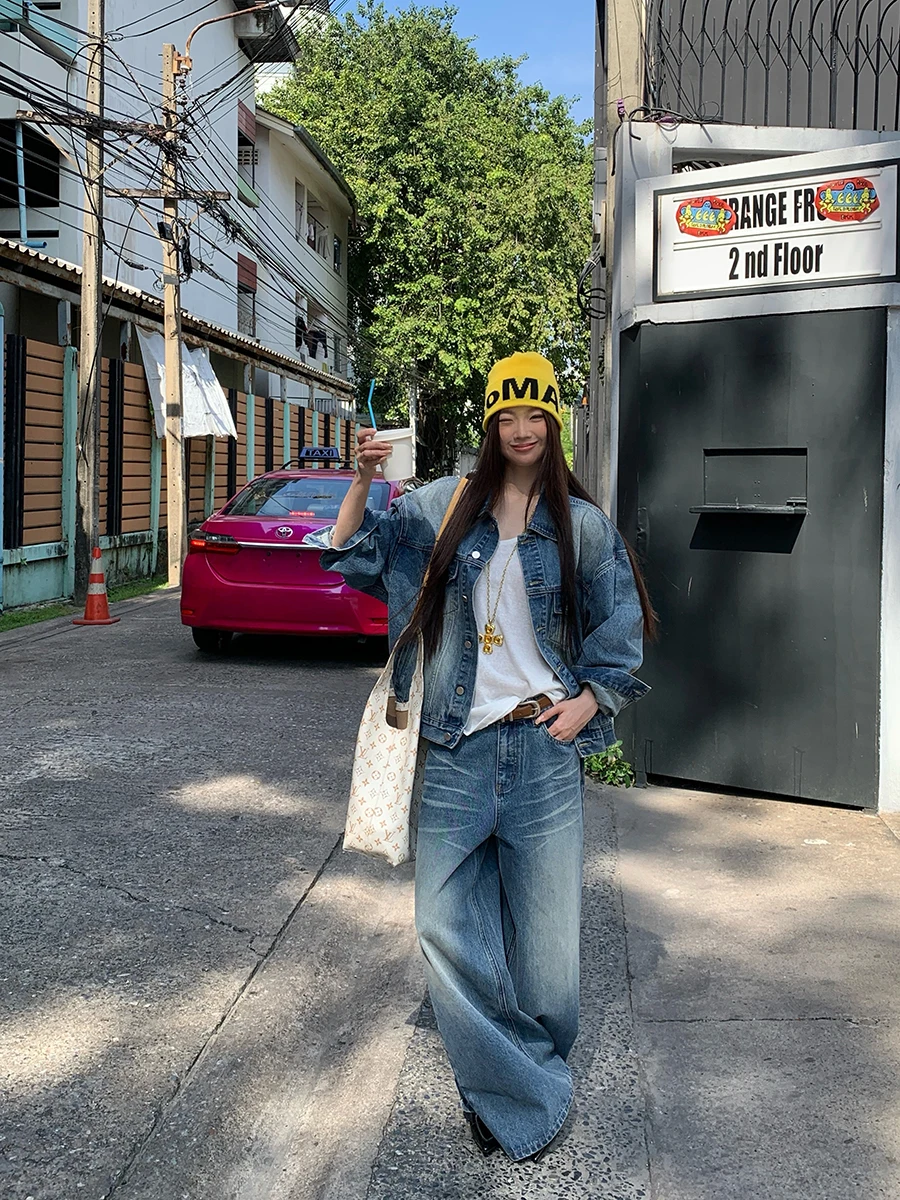 Red Celebri Denim Jaet Women's Spring Autumn 2025 New ular Unique Super Beautiful Top Set Cotton Polyester Blend