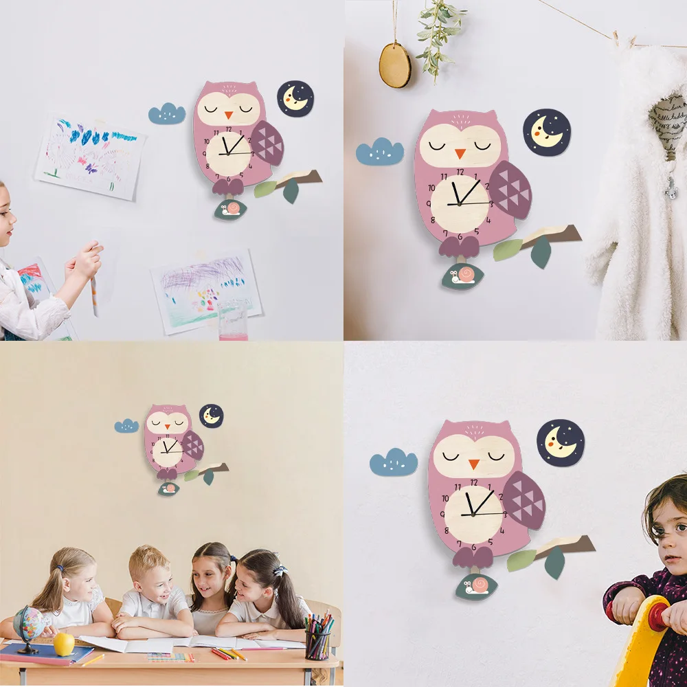 Cartoon Owl Wall Clock for Kids Room Pink Mute Movement Wooden 3D Reloj de Pared Horloges Home Decor Living Room Pendulum Gift