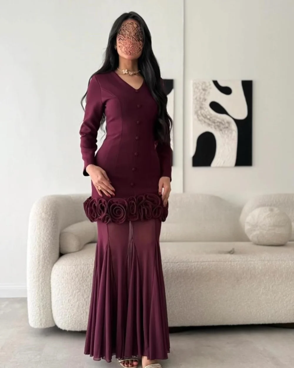 

Customized Burgundy Chinese Style Jersey Handmade Flower Pleat Mermaid V-neck Ankle Length Evening Dresses Sizes Available
