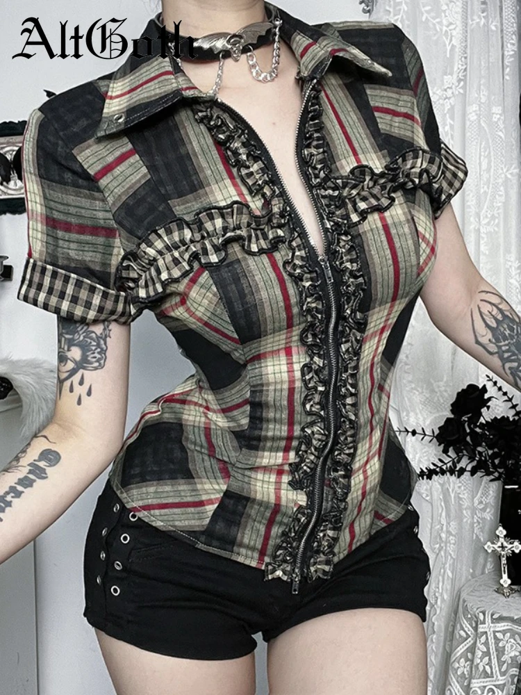 

AltGoth Vintage Y2k Gothic Plaid Shirt Women Streetwear Harajuku Grunge 2000s Emo Short Sleeve Ruffle Patchwork All-match Shirts