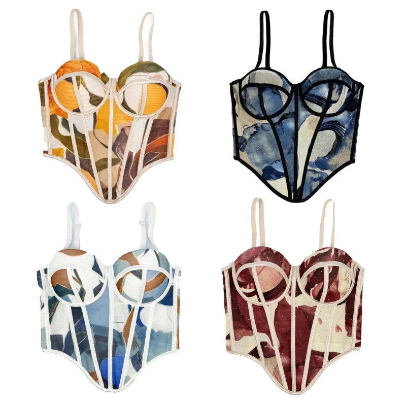 

Women Detachable Strappy Push Up Bustier Camisole Crop Top Abstract Print Fish Boned Asymmetrical Corset Vest Shapewear P8DB