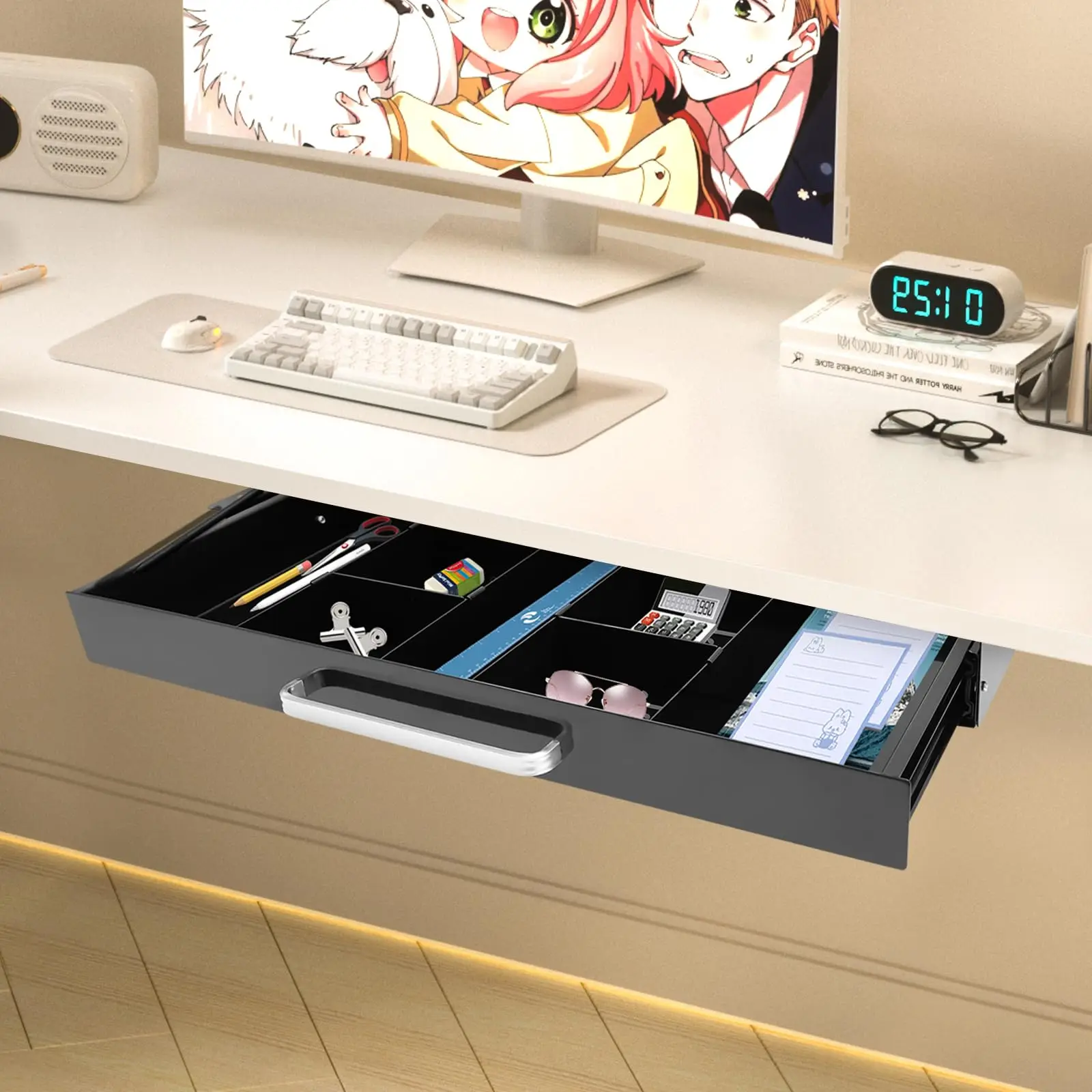 Under Desk Drawer 21.6", Pull-Out Storage Organizer with Compartment, Wooden Sliding Drawer under Table for Office Desk or Table
