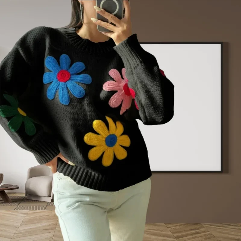 New Winter Women Knit Casual Sweater Flowers Decorative Top Pullovers Knitwear Long Sleeved Outwear Warm Loose Jumper Streetwear