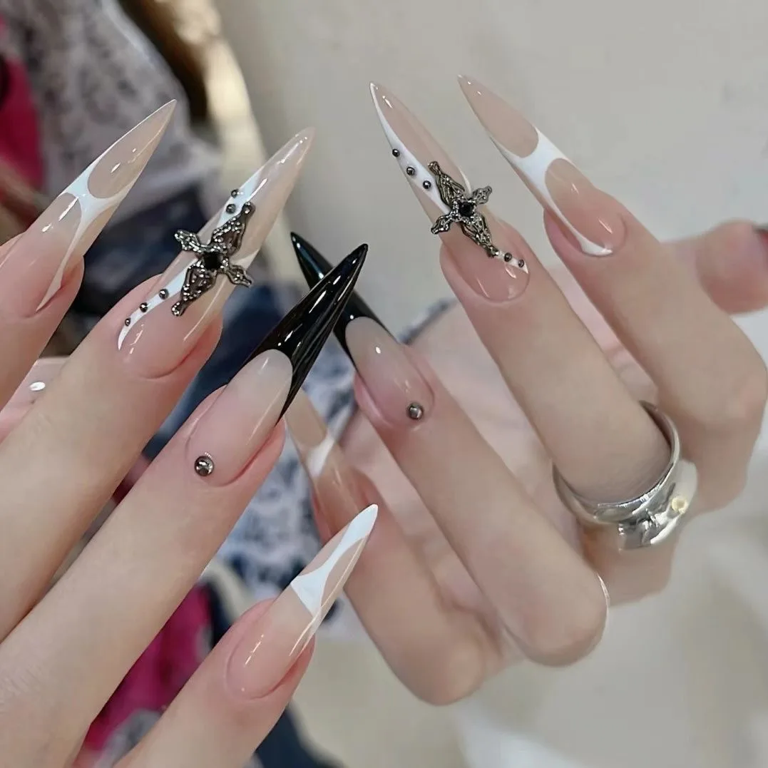 10pcs Handmade Press on Nails Gothic Punk Metal Silver Irregular Lines Fake Nail Tips Wearable Dark Blue Spice Girl False Nails image 5