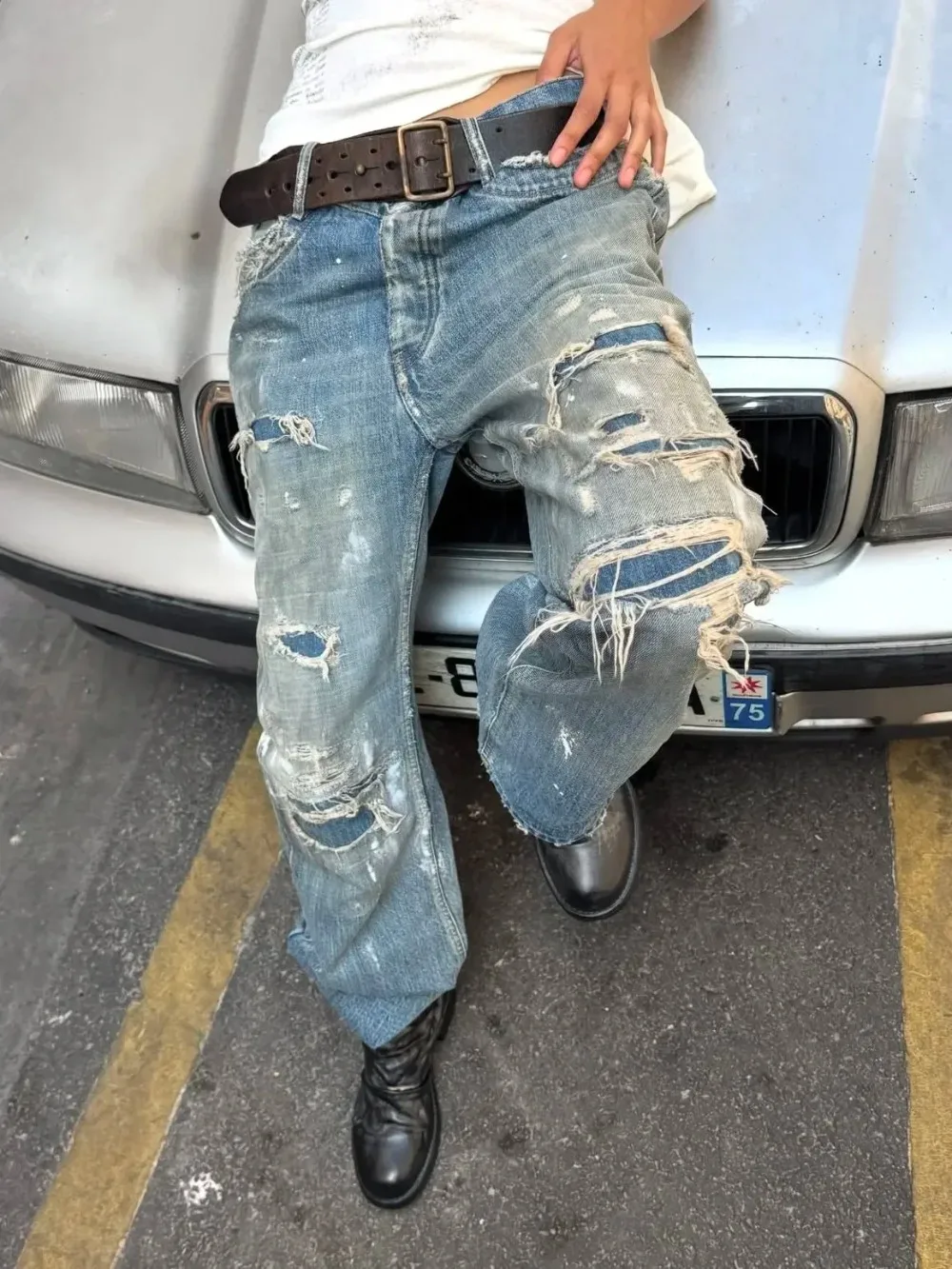 No Faith American heavy industry washed ink splashing cat whisker patch micro pull bootcut jeans