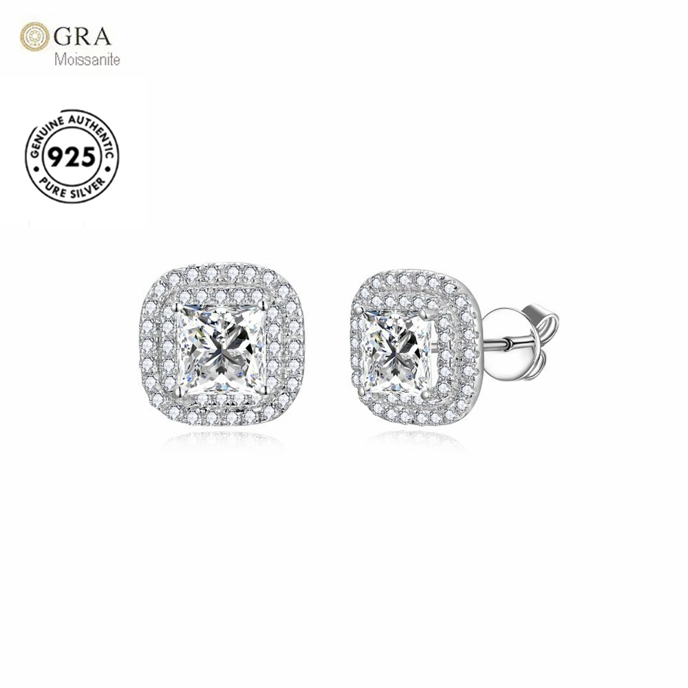 New Arrival Classic Princess Square Cut 1 Carat diamond Full Moissante Earrings Solid S925 Silver Plated White Gold Jewelry