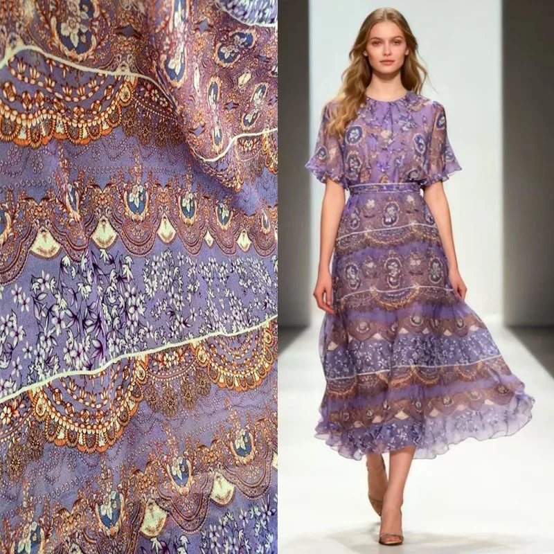 Purple Flowers Print Real Mulberry Silk Georgette Fabrics Summer Tiered Skirt Dress Thin Muslin Fabric Cloth Wholesale retail