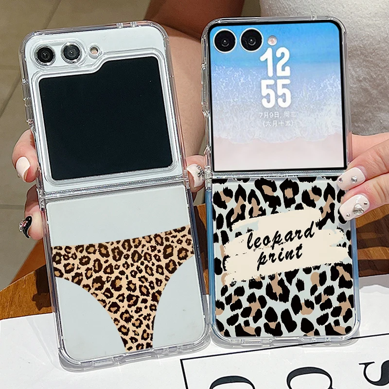 Sexy Leopard Print Pattern Clear Phone Case For Samsung Galaxy Z Flip 7 FE 7 6 5 4 3 Flip7 Flip6 Metal Buckle Folding Soft Cover