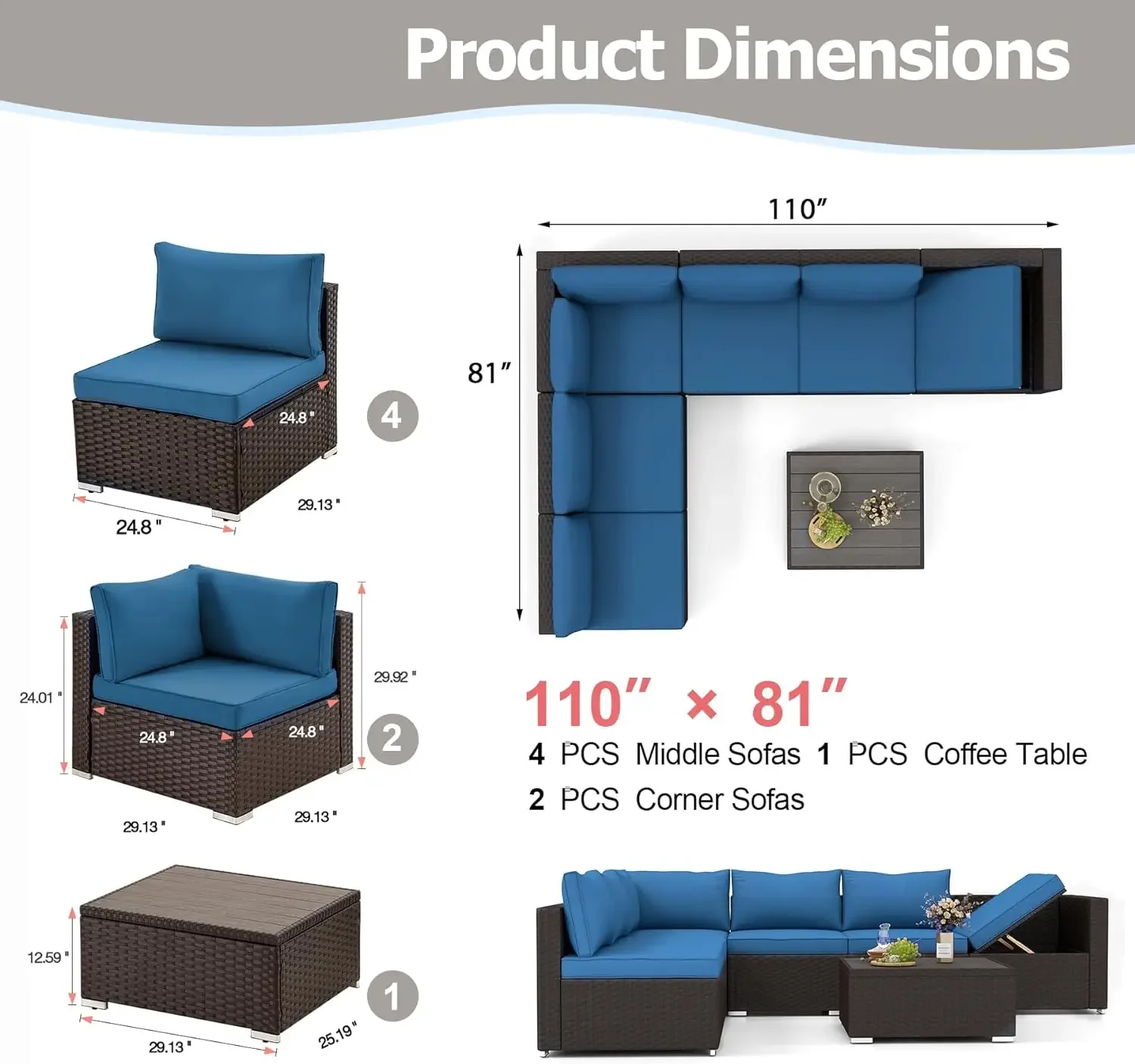 7 Piece Patio Furniture Set Rattan Wicker Sectional Sofa Set with Armrest Outdoor Conversation Set withWaterproofCushionandGlass