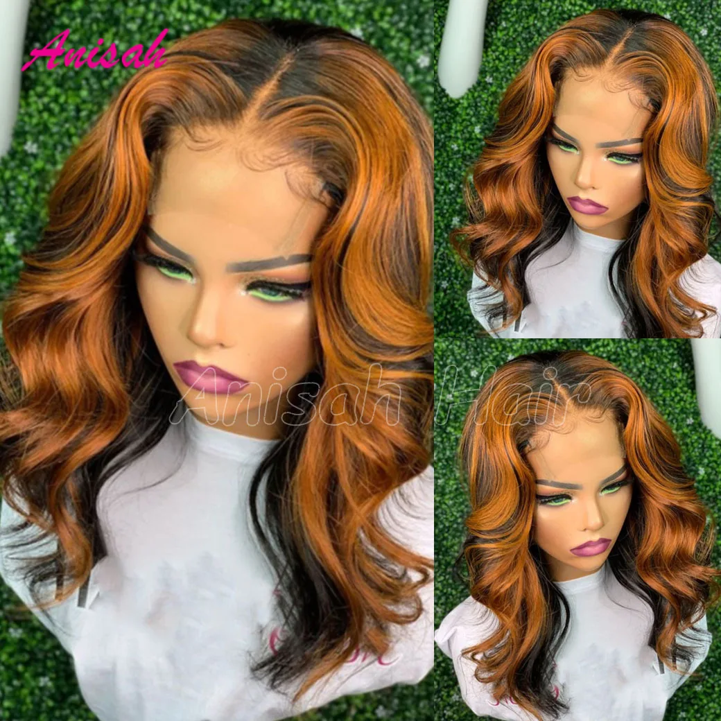 

Highlight Ombre Short Wavy Ginger Orange Colored Wigs 13x4 Lace Front Human Hair Bob Wigs Glueless Lace Closure Wigs for Women