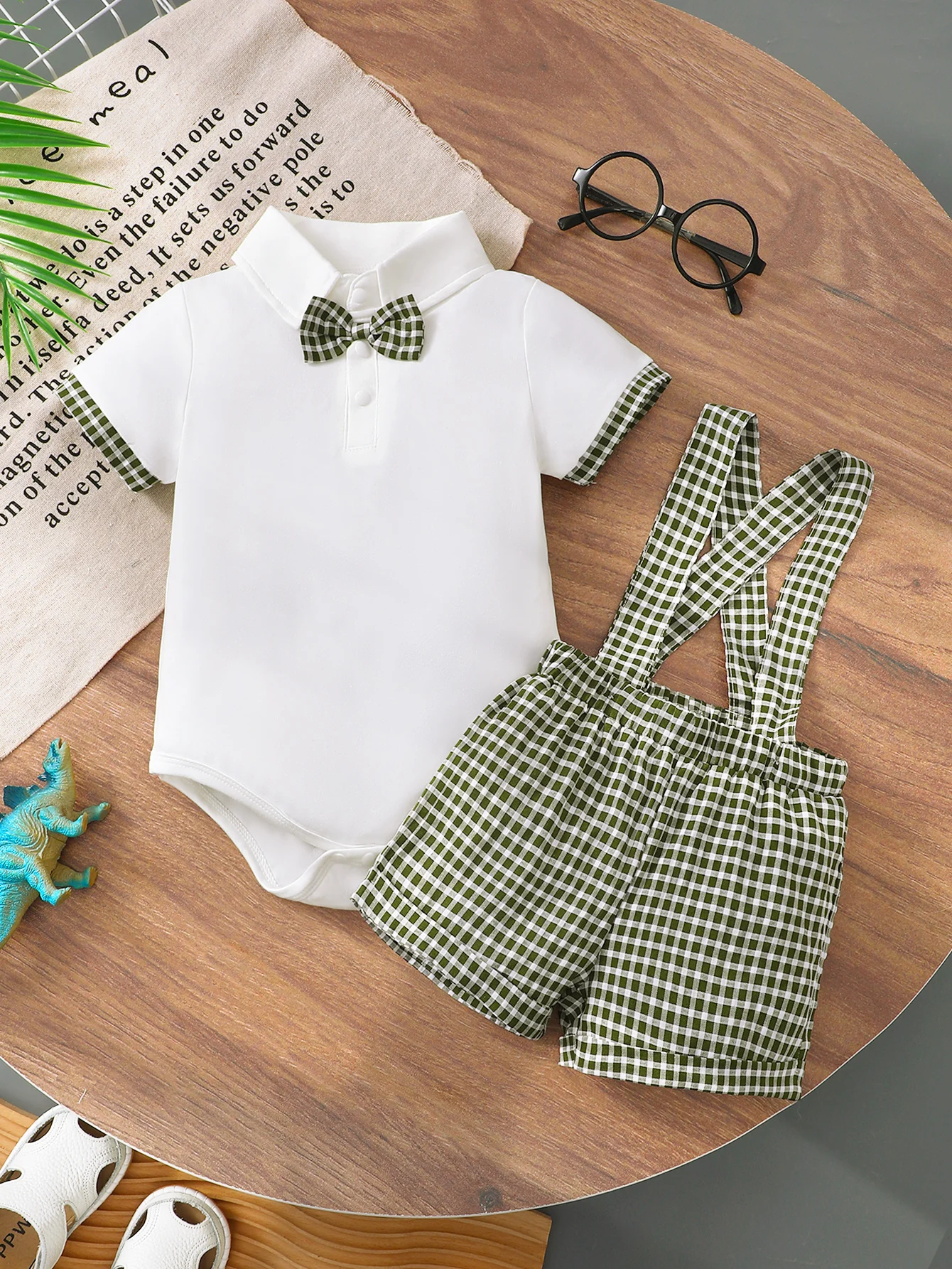 

Summer 0-1 Years Old Short Sleeved Lapel Shirt And Checkered Overalls Shorts Casual 2-Piece Set