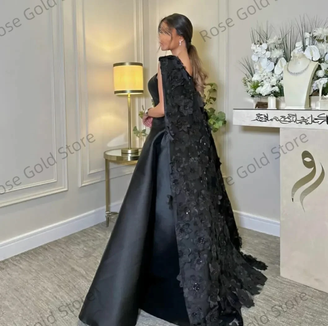 Luxuoso preto vestidos de noite uma linha mancha feminino formal vestido de noche longo luxo personalizado aniversário vestidos de baile com flores