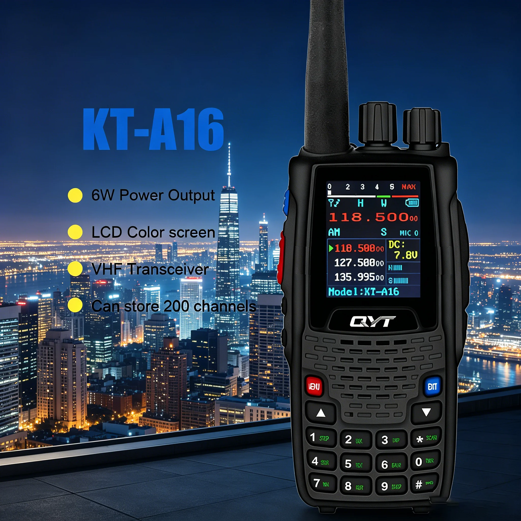 QYT KT-A16 Air Band Transmit Walkie Talkie 6W 200Ch Transceiver Handheld Two-Way Radios 118-135.975MHz