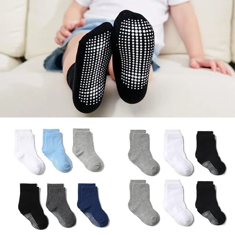 6 Pairs/Lot Fashion Children Socks Grip Crew Socks with Non Slip/Anti Skid Soles for Baby Infants Toddlers Kids Boys Girls 0-7y