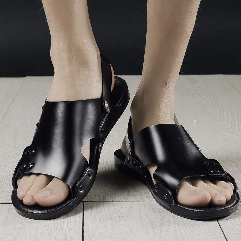 

Сандалии мужские из натуральной кожи, модная уличная дышащая повседневная обувь на плоской подошве, пляжные тапочки, черные, лето