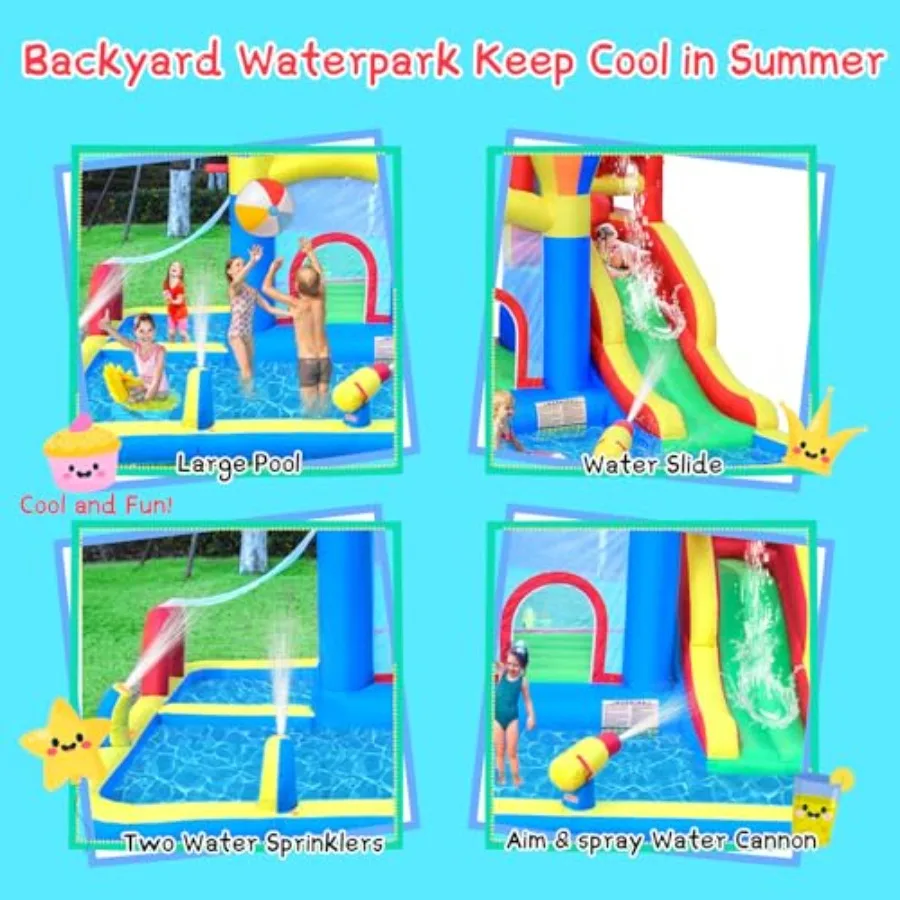 Backyard inflatable bounce house with water slide PVC material blue and yellow includes 4 sprinklers and 2 splash pools for coo view 4