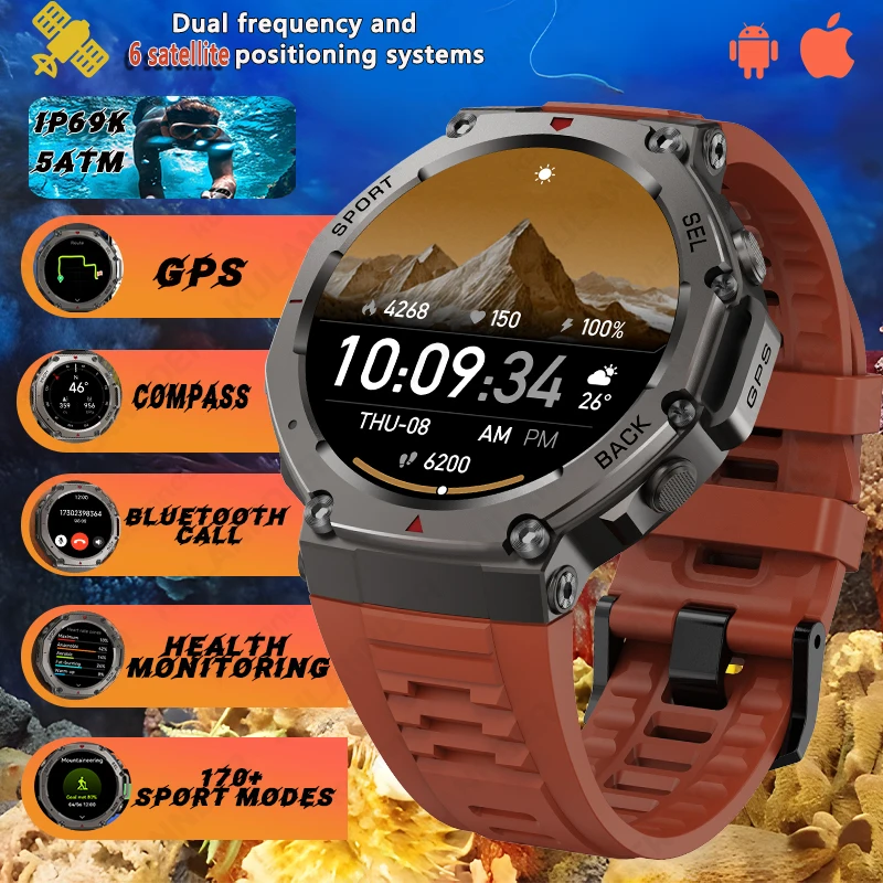 

Новые умные часы T-Rex3 с GPS, 2025 для Xiaomi IOS, военные умные часы для мужчин, 10 АТМ, водонепроницаемые, 170 спортивных режимов, встроенный GPS BT Call