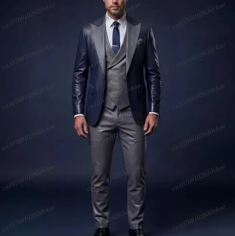 

Новый мужской костюм из темно-синей и серой кожи для свадьбы, вечеринки, торжественных мероприятий, выпускного, деловых встреч, 3-х предметный комплект: пиджак, жилет, брюки