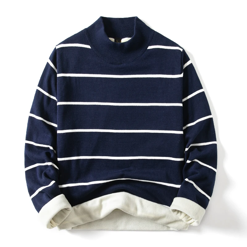 

Men's Autumn Winter Pullover Turtleneck Screw Thread Solid Long Sleeve Striped Flocking Sweater Knitted Undershirt Vintage Tops