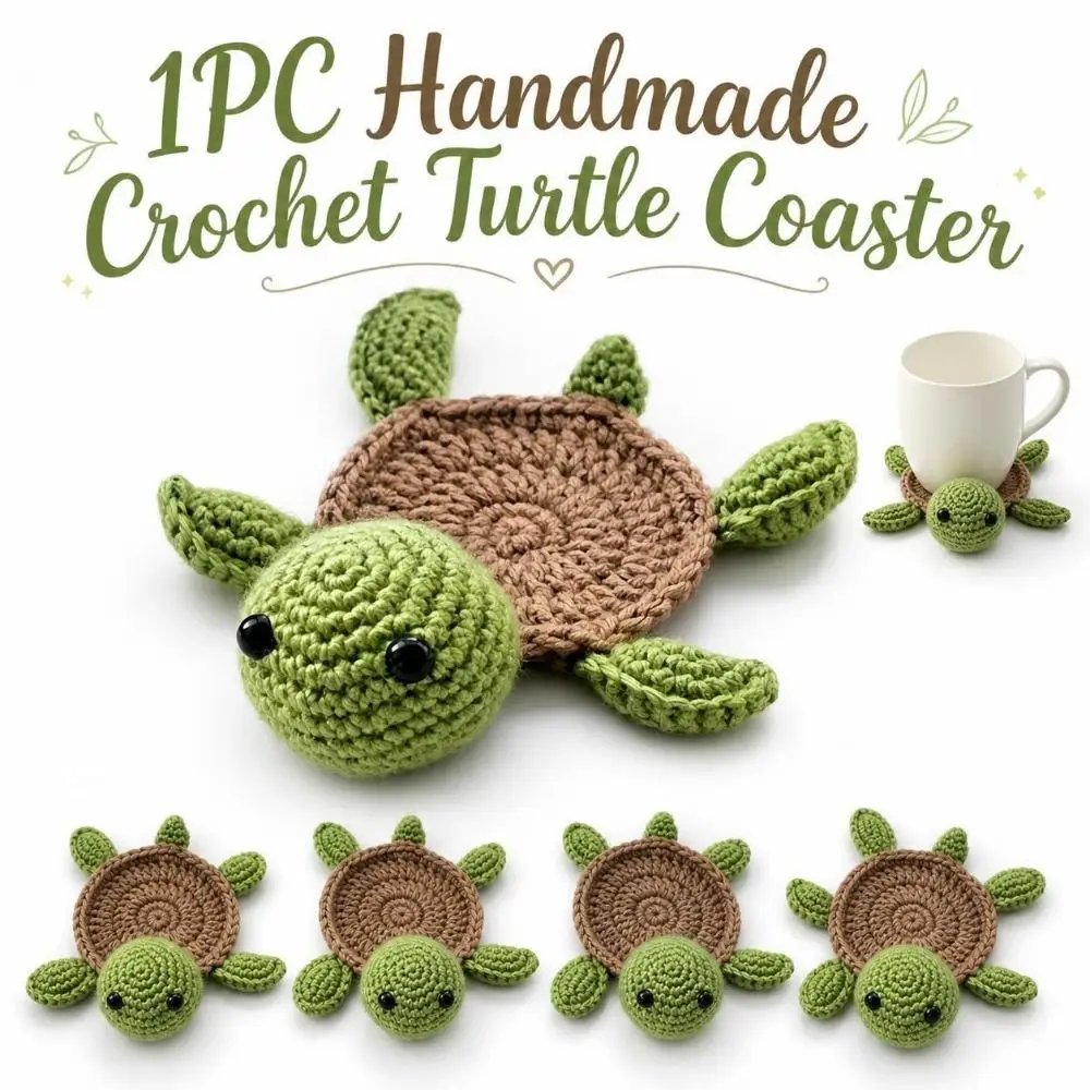 Handmade Crochet Turtle Coaster Animal-Shaped Non-slip Knitted Cup Mat Reusable Heat-Resistant Table Decor Coaster