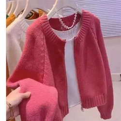 White Double Zipper Sweater Cardigan Jacket For Women Autumn Winter 2024 New Fashion Thick Short Round Neck Knitted Top For Fema