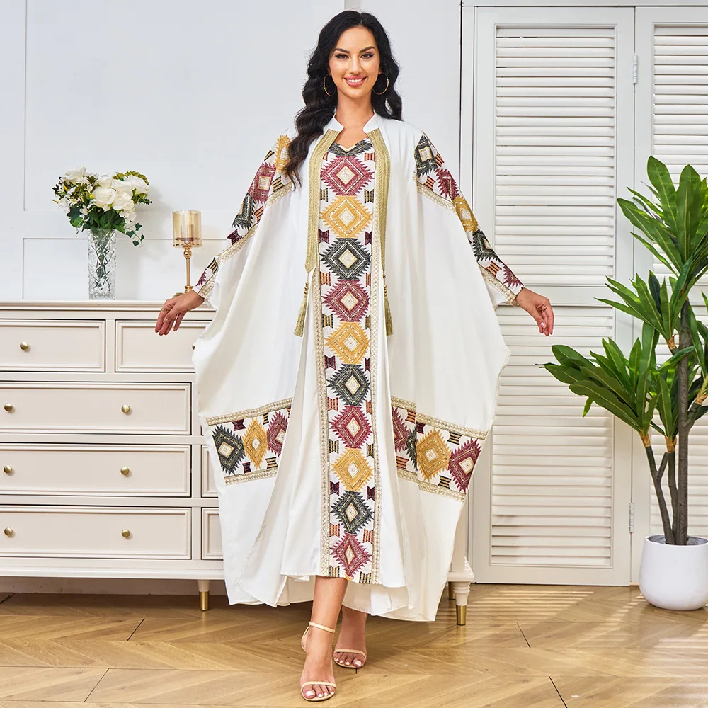 Muslim women's long robe Dubai clothing embroidered bead cardigan two-piece set evening dress